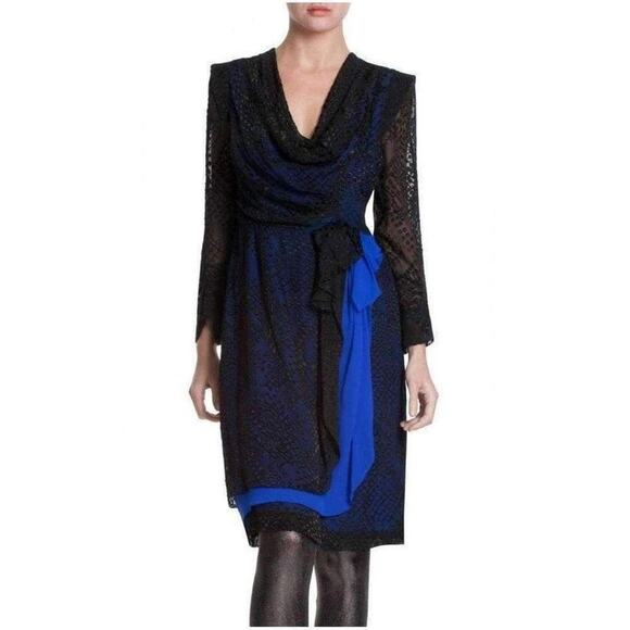 BCBGMAXAZRIA Blue Runway Long Sleeve Tired Silk Skirt Dress 4 - Picture 1 of 9